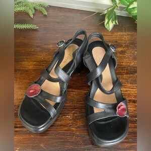 Naot Leather Sandals Wedge‎ Heel Black Strappy Flower Accent Size 36
